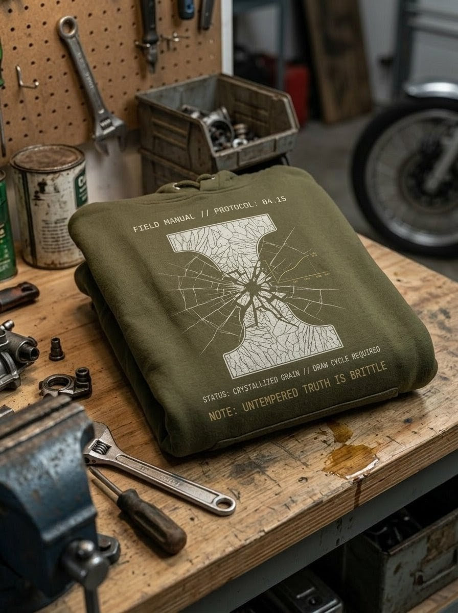 Green pouch with a spider design on a workshop table with tools and equipment.