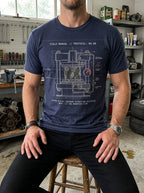 Model seated on a stool in a workshop wearing a Heather Midnight Navy Extraction tee with a hydraulic press schematic and red pressure gauge centered on the front.