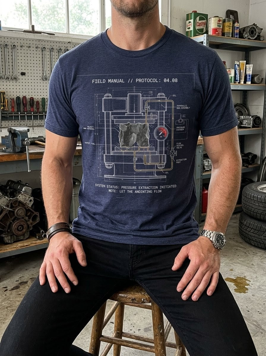 Model in a rustic garage setting wearing the Selah Supply Co Heather Midnight Navy 'Extraction' shirt with a technical blueprint design
