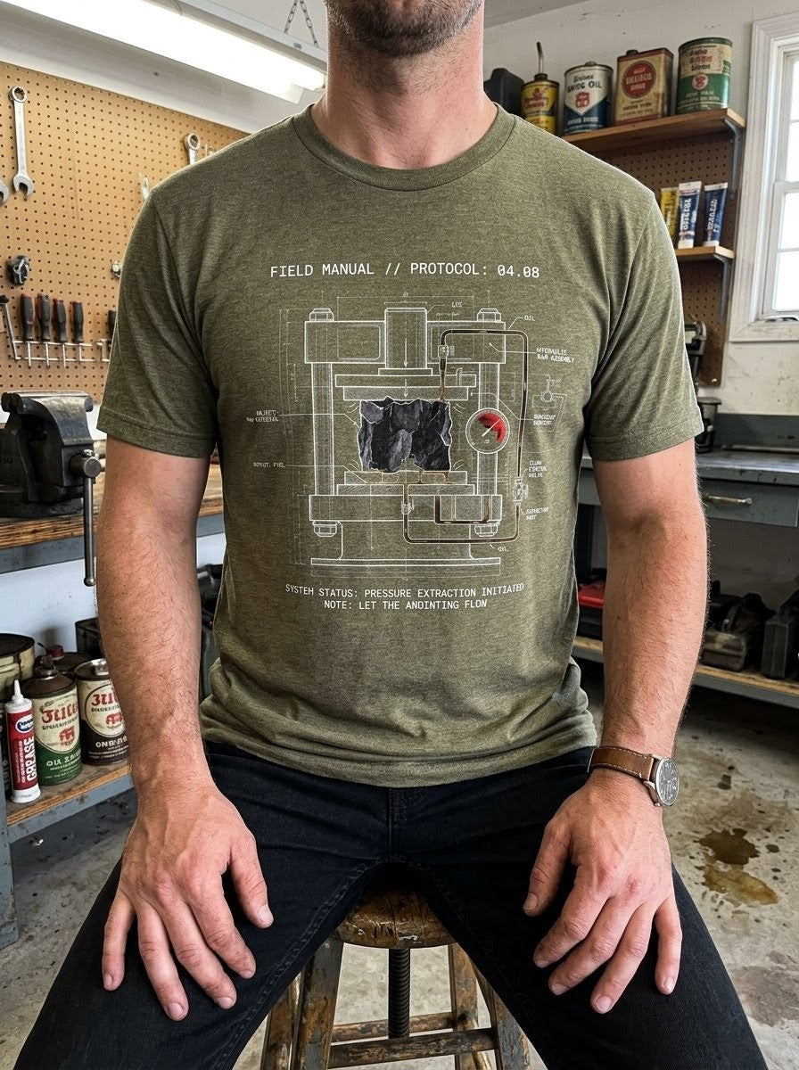 Person in a tool-filled workshop wearing a Selah Supply Co Heather Olive t-shirt with an industrial pressure extraction graphic