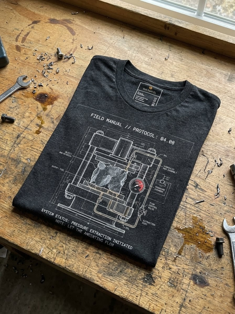 Black t-shirt with technical design on a wooden workbench with tools.