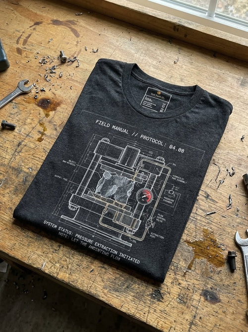 Black t-shirt with technical design on a wooden workbench with tools.