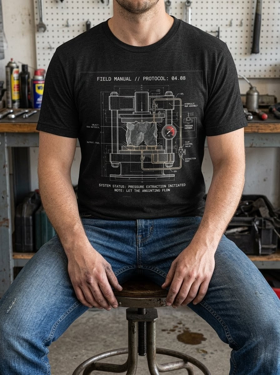 Man in a gritty industrial workshop wearing a Selah Supply Co Black Heather graphic tee featuring a hydraulic press schematic inspired by 2 Corinthians 4:8