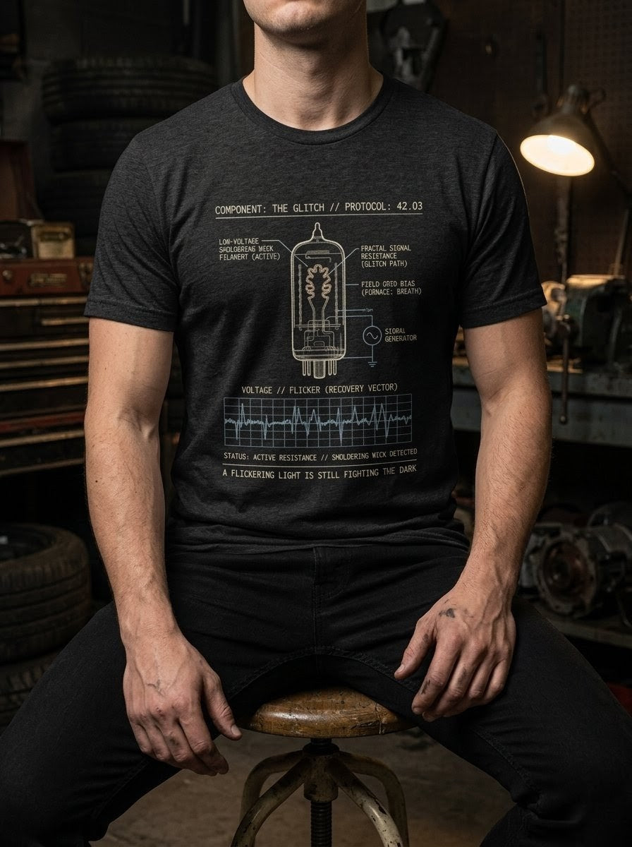 Model wearing the Dark Grey Heather glitch-inspired shirt, demonstrating the side-seamed construction and premium drape.