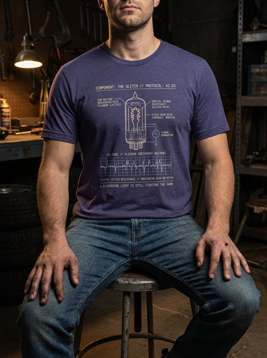 Technical graphic design on a Heather Midnight Navy t-shirt featuring a high-contrast surveillance feed (CAMERA 04 - PERIMETER) and a torn chain-link fence with "ACTIVE RESISTANCE