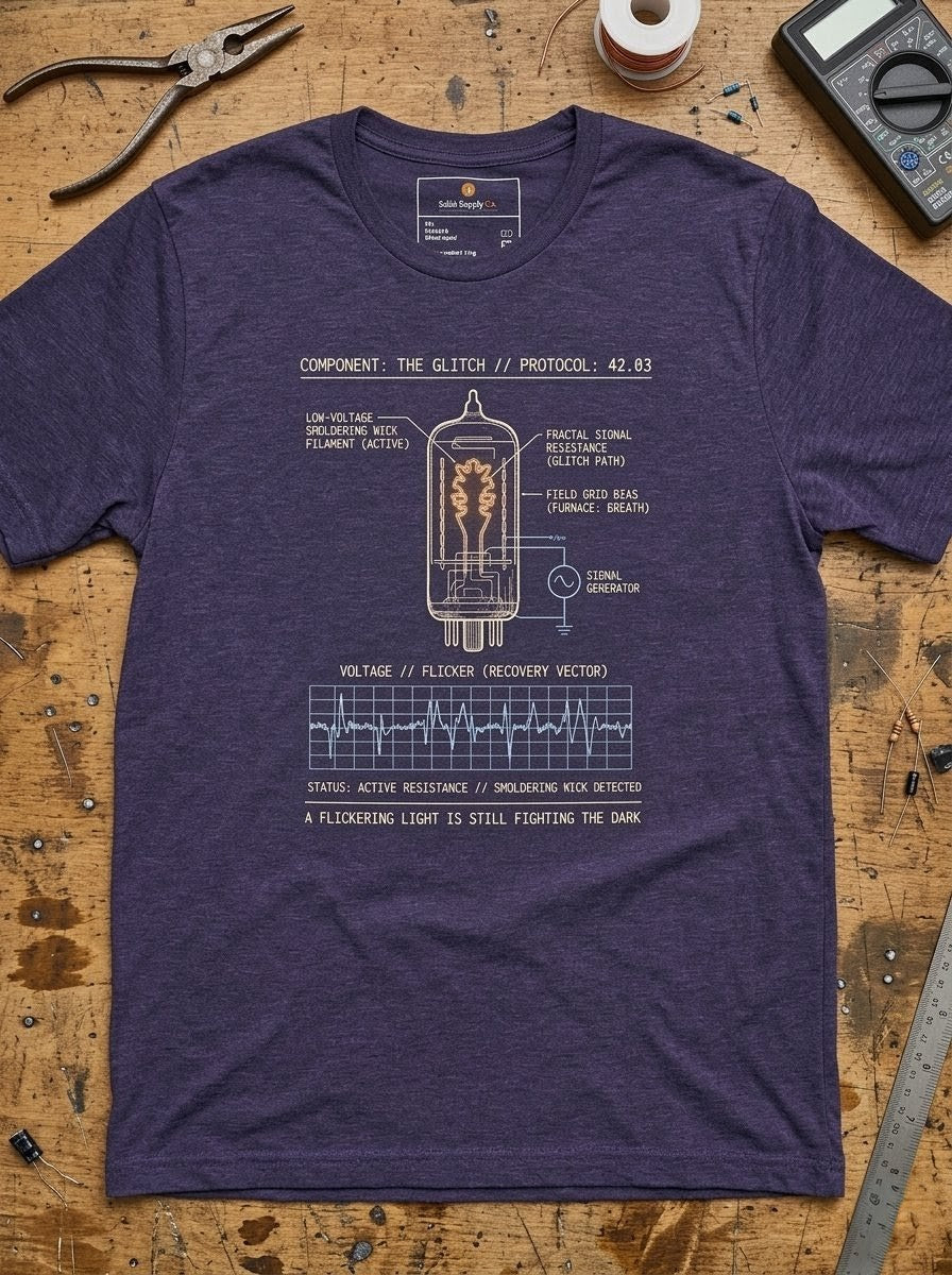 Close-up of the "Component: Glitch" graphic showing the "Spec 42.03" technical stamps and "Isaiah 42:3" scripture reference.
