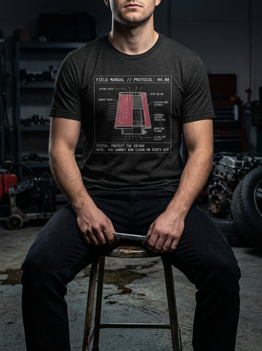 Man sitting in the black heather Component Intake graphic tee, part of the Protocol collection by Selah Supply Co.