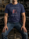 Man wearing the navy blue Component Intake t-shirt featuring an industrial schematic of the Philippians 4:8 specification mesh by Selah Supply Co.