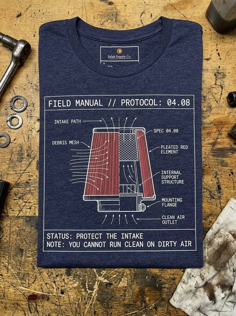 Close-up blueprint of the Component Intake // Spec 04.08 design showing the technical mesh grid and the operational alert: YOU CANNOT RUN CLEAN ON DIRTY AIR.