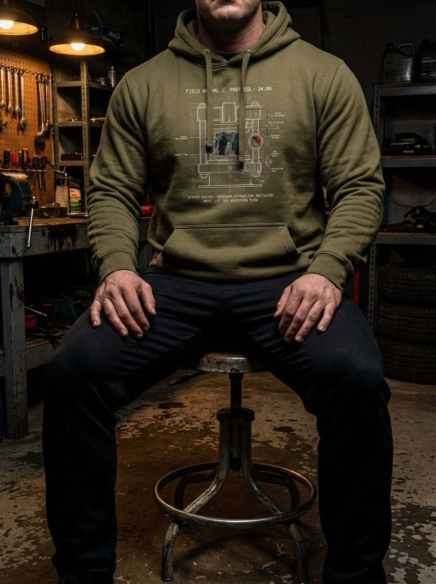 The Component: Extraction // Spec 04.08 design on a military green hoodie. The industrial schematic aesthetic is designed to spark conversation about the refining nature of spiritual pressure.