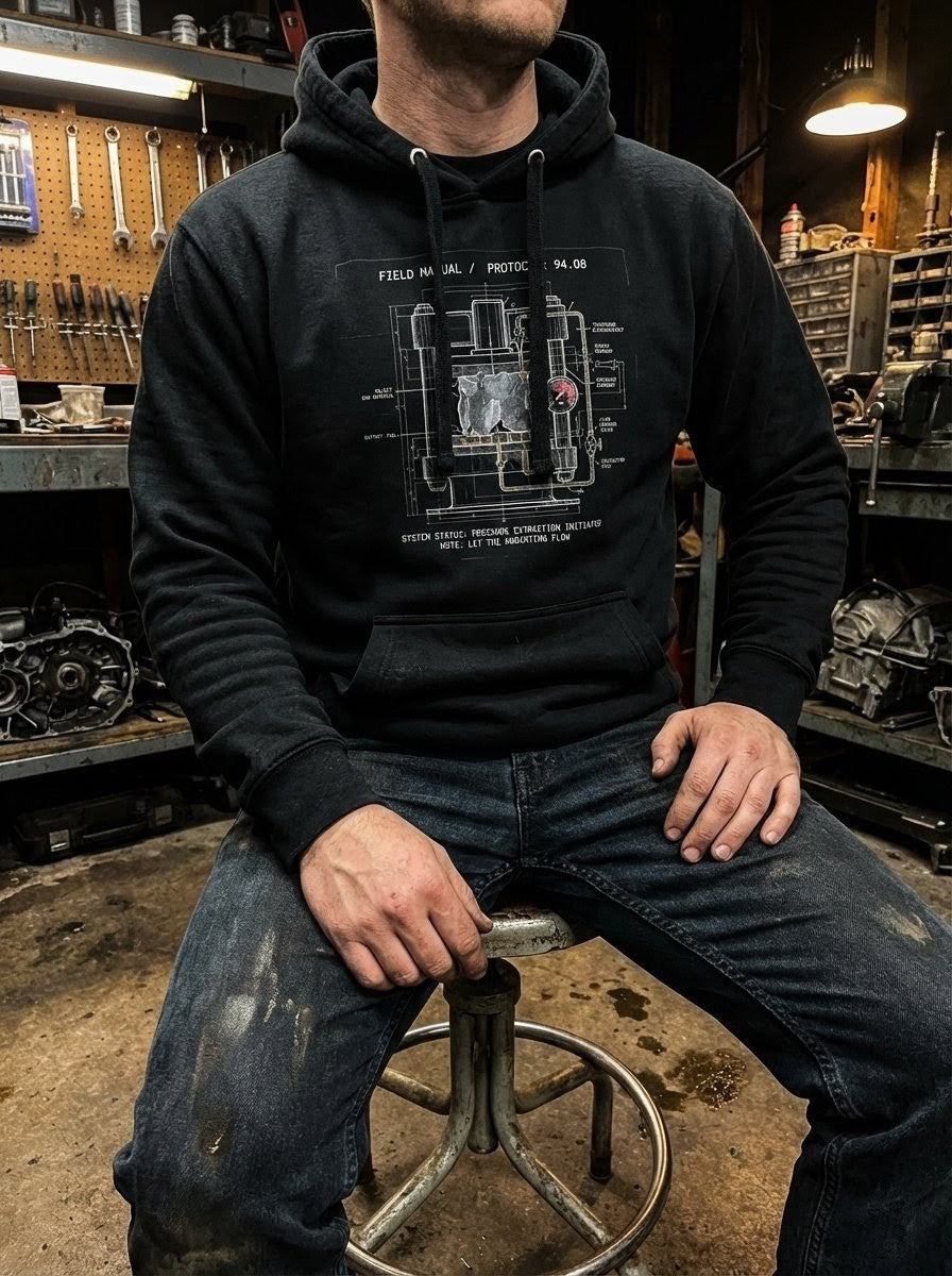 Operator-grade black hoodie from Selah Supply Co. featuring the high-definition Extraction schematic print, part of the Industrial Visual Theology series for those navigating the fog.