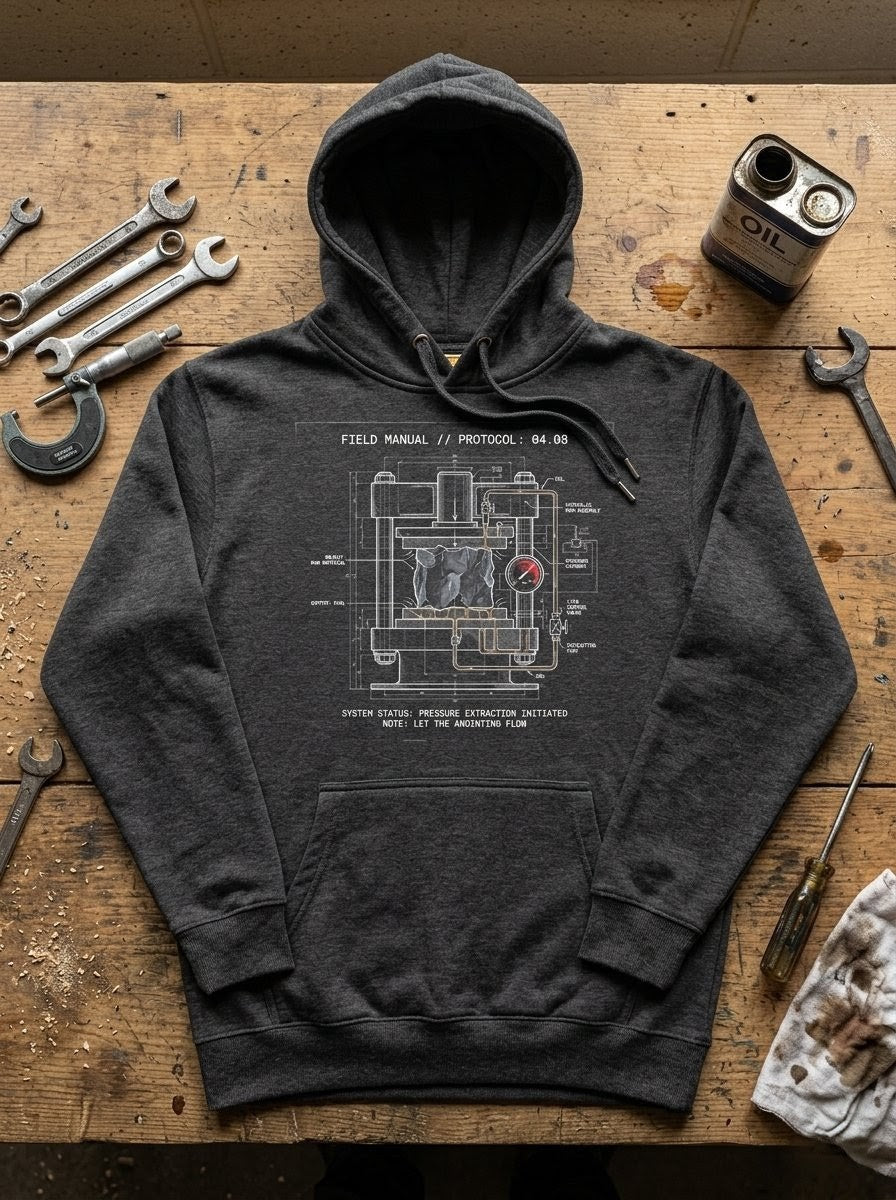 Front view of the Extraction hoodie in charcoal heather, displaying the 'Story of the Load' schematic—a visual metaphor for 2 Corinthians 4:8 and the fuel produced by tonnage.