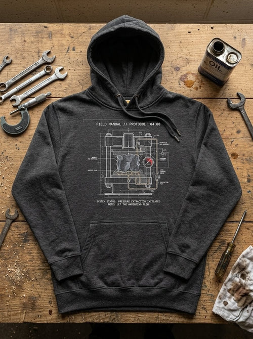 Front view of the Extraction hoodie in charcoal heather, displaying the 'Story of the Load' schematic—a visual metaphor for 2 Corinthians 4:8 and the fuel produced by tonnage.