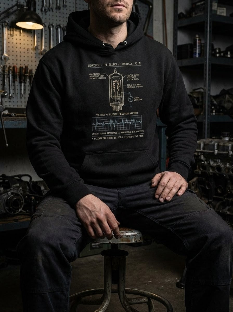 Model wearing the black Glitch hoodie in a workshop setting. The design serves as a technical diagnostic for the soul, framing spiritual struggle as proof of resistance rather than failure.