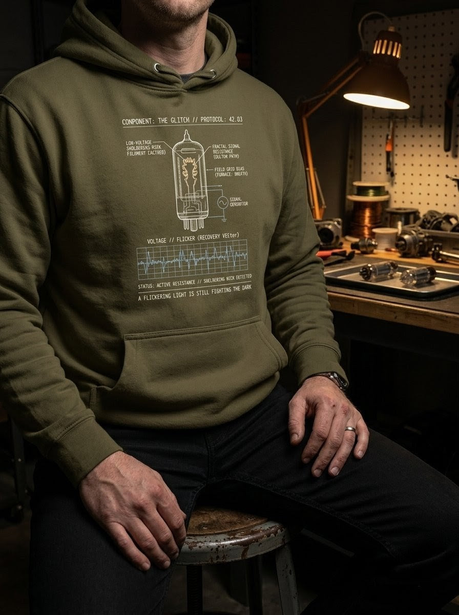 Front view of the military green Glitch hoodie. The industrial aesthetic focuses on the 'stutter' of a smoldering wick, part of the Selah Supply Co. Protocol series.