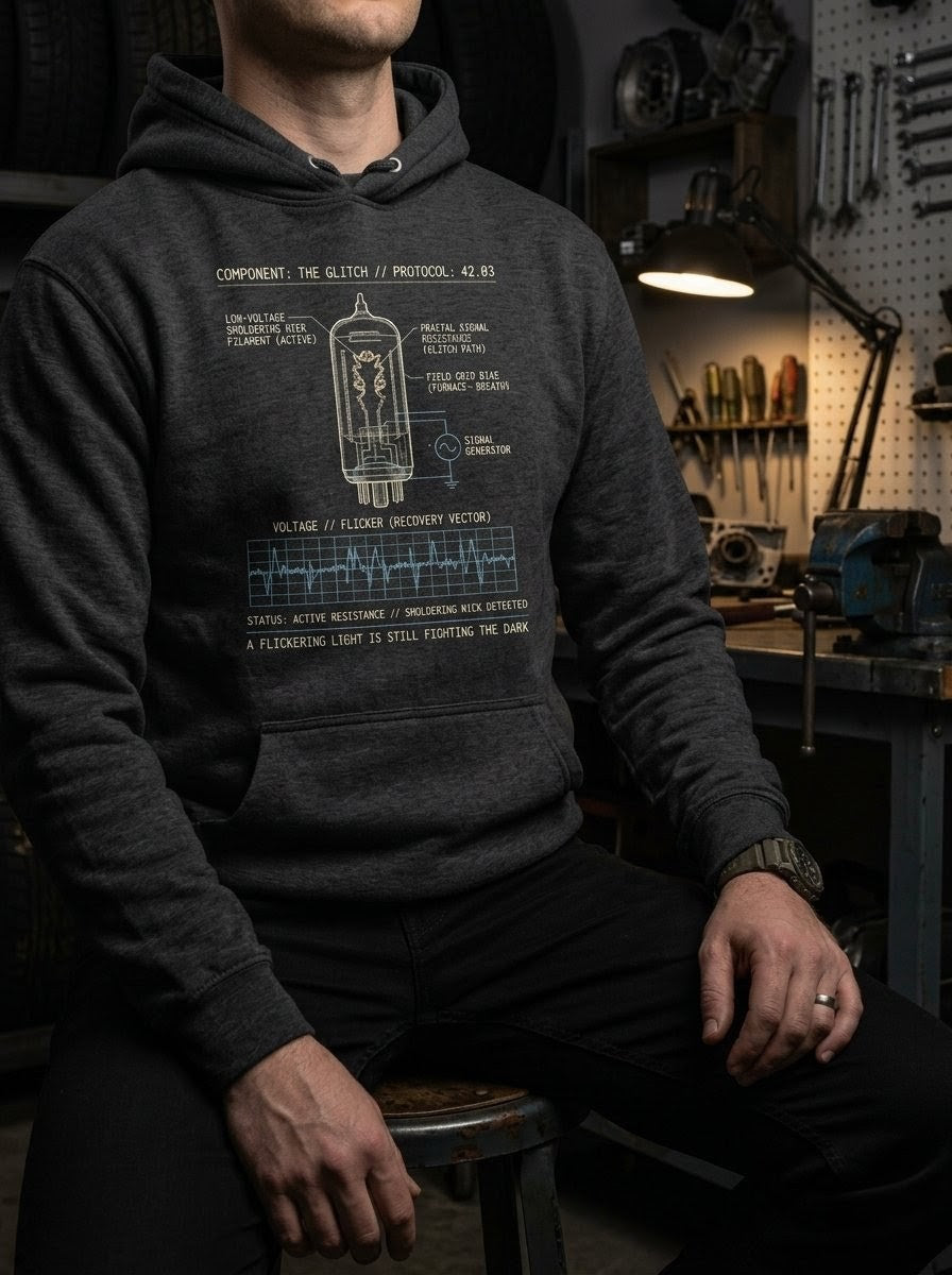 An operator wearing the charcoal Glitch hoodie. The chest graphic features a high-contrast surveillance feed 'CAMERA 04 - PERIMETER' and a vacuum tube schematic, representing the struggle to keep the light burning.