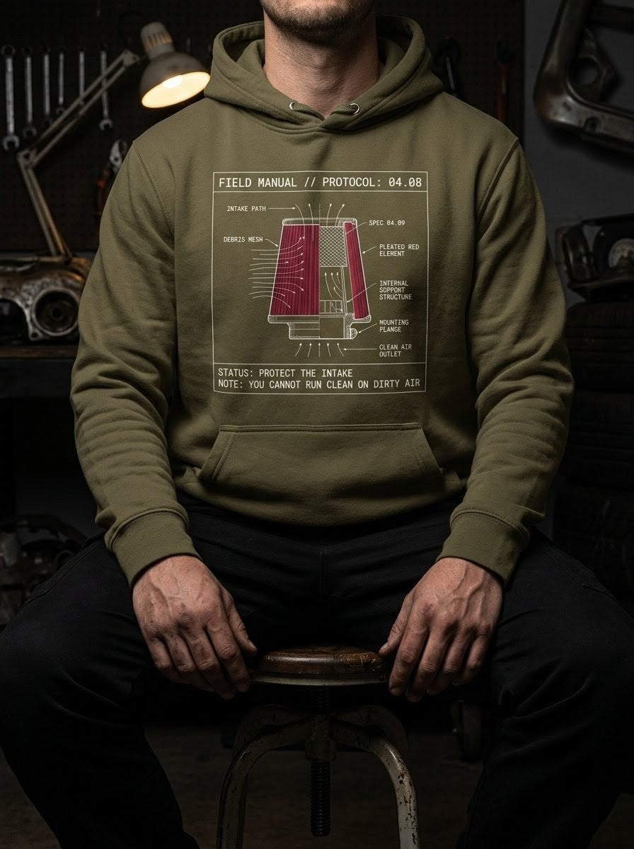 Front view of the military green Intake hoodie. The industrial aesthetic highlights the 'Specification Mesh' concept, designed to spark conversation about guarding the heart and mind.