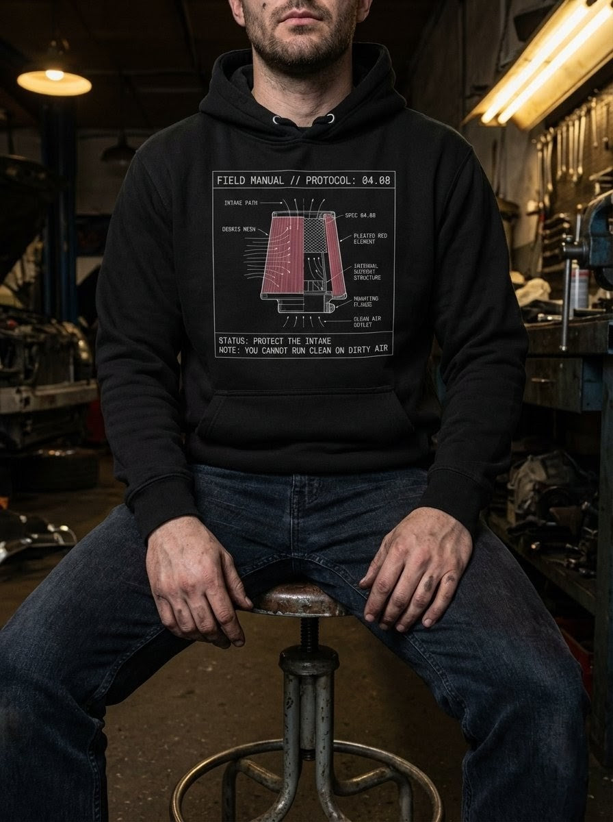 Model in the black Intake hoodie from the Protocol Collection. The design frames Philippians 4:8 as a mandatory technical specification for internal thought-combustion.