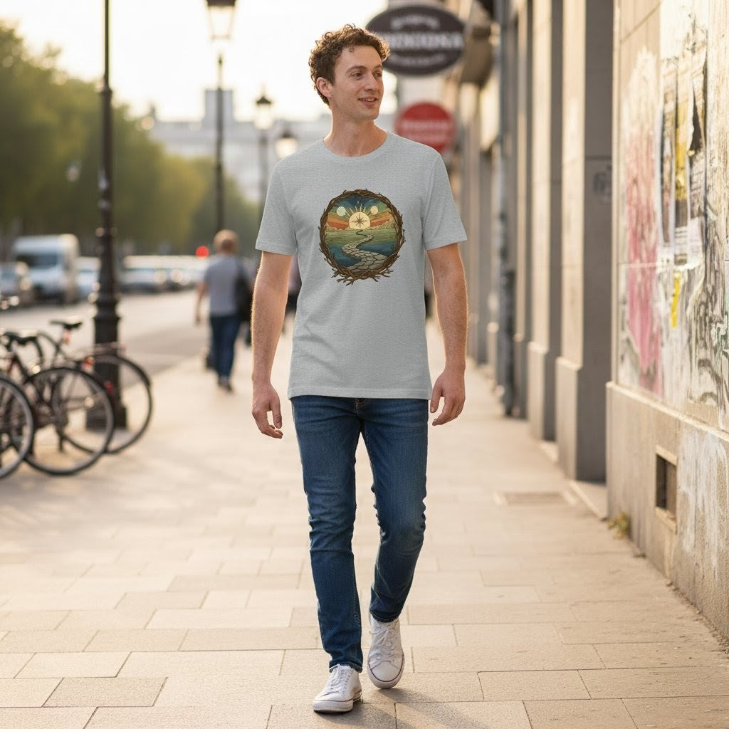 Man walking on a sidewalk wearing a t-shirt with a graphic design.
