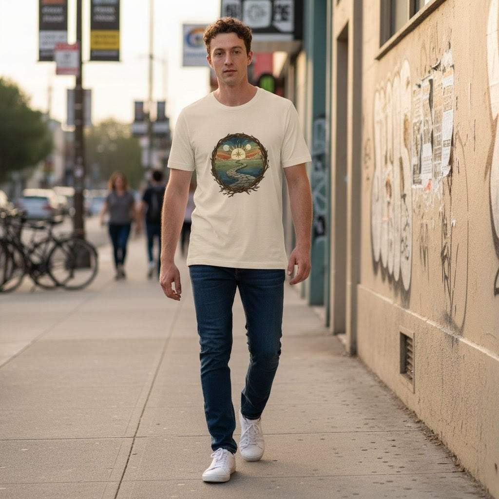 Man walking on a sidewalk wearing a t-shirt with a graphic design.