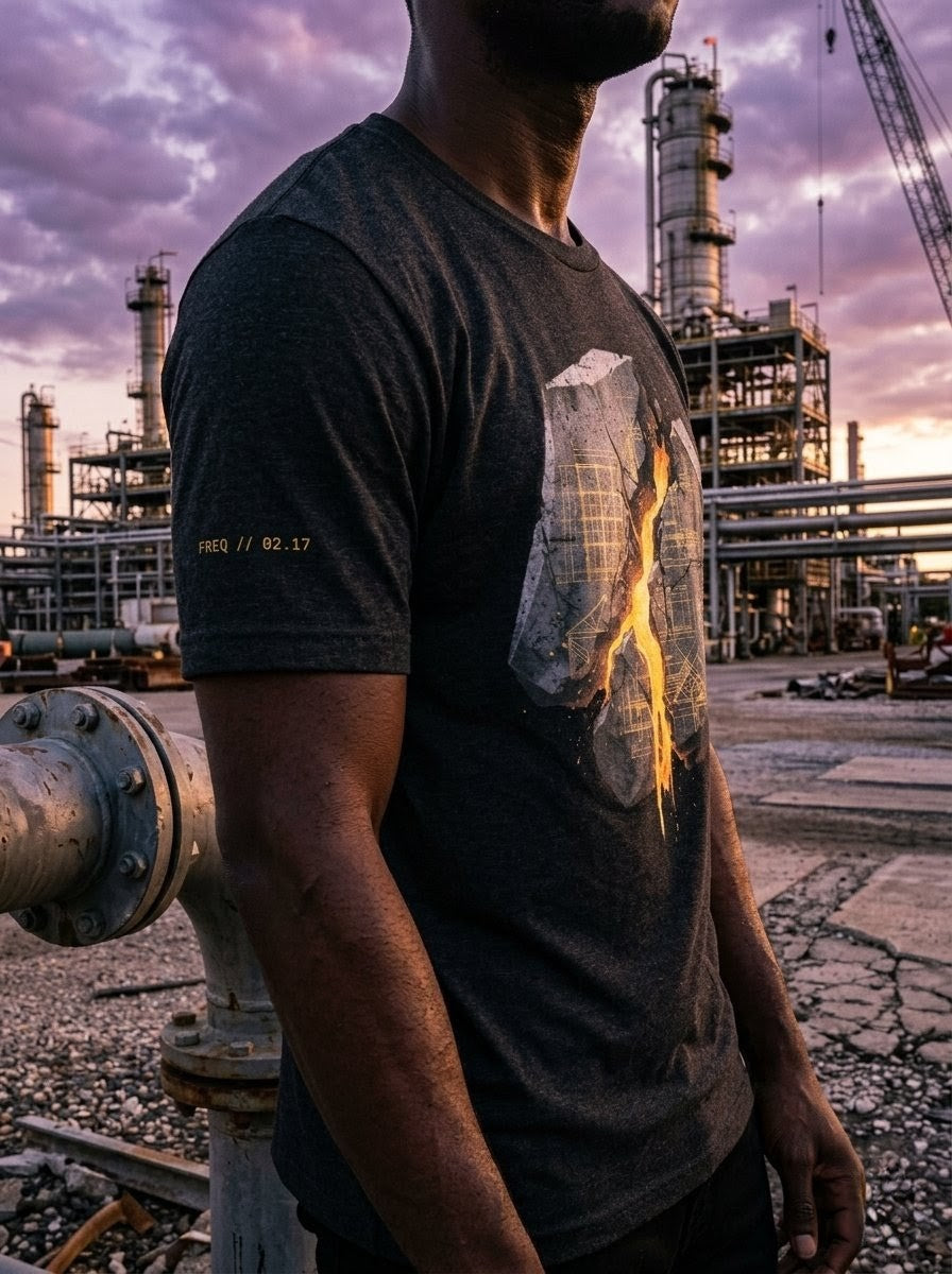 Person wearing a dark t-shirt with a graphic design in front of an industrial plant.