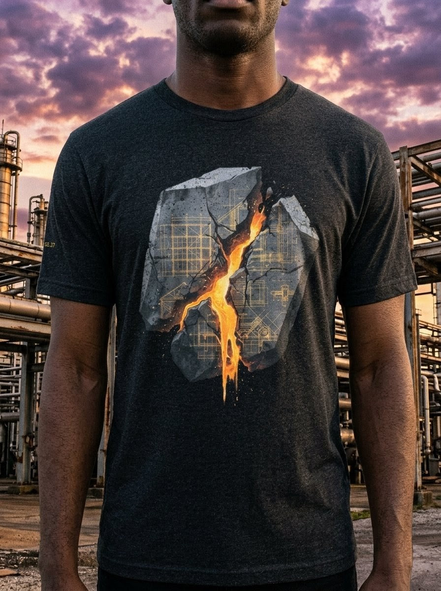 Person wearing a black t-shirt with a graphic design of a熔岩流 through a cityscape against a sunset industrial background.