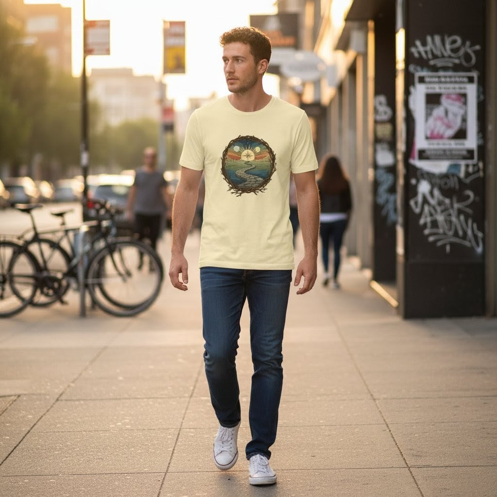 Man walking on a city street wearing a beige t-shirt with a graphic design.