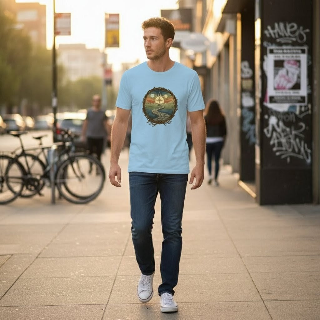 Man walking on a city street wearing a light blue t-shirt with a graphic design.