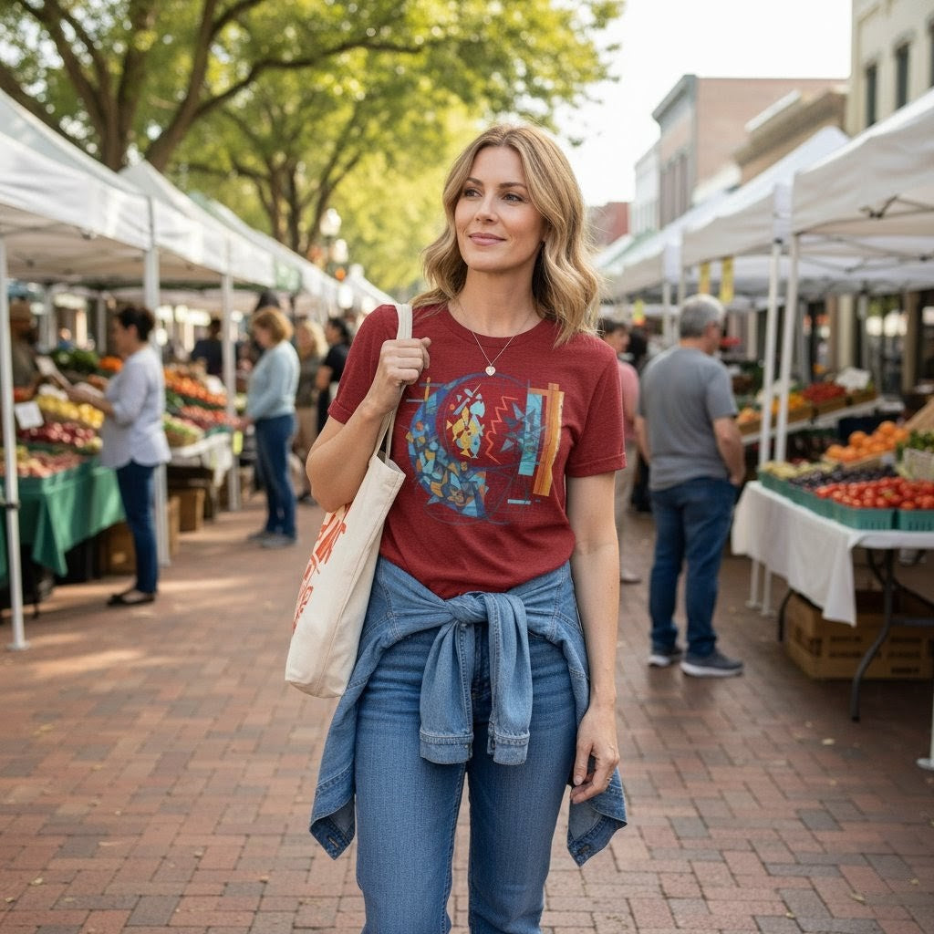 Woman in a red t-shirt with a graphic design at an outdoor market.