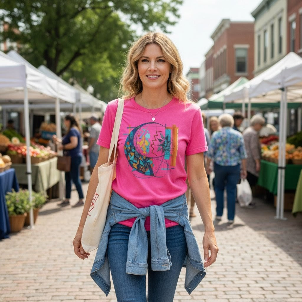 Woman in a pink t-shirt with a colorful design at an outdoor market.
