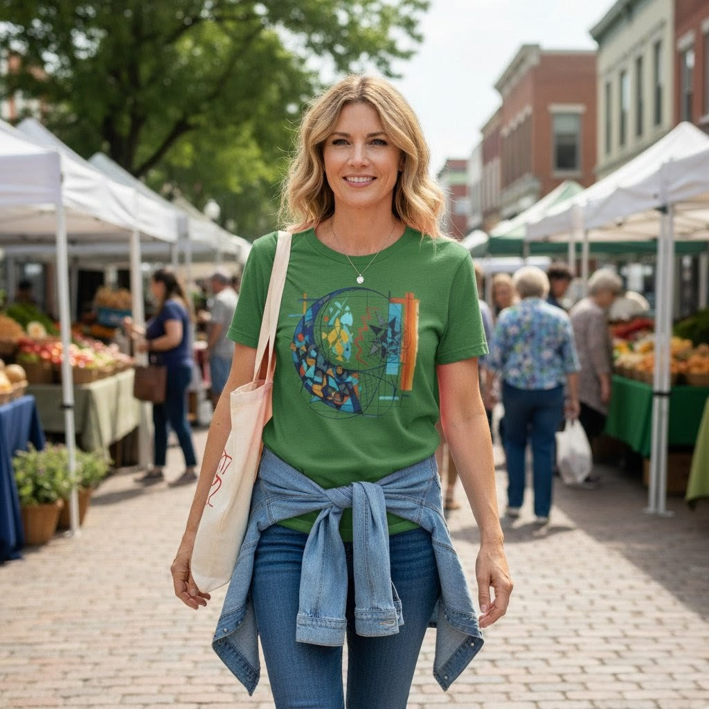 Woman in a green t-shirt with a colorful design at an outdoor market.