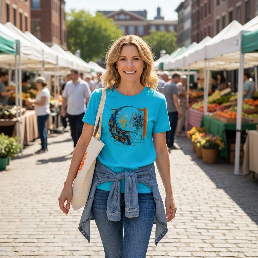 Woman in a blue t-shirt standing in an outdoor market with tents and people in the background.