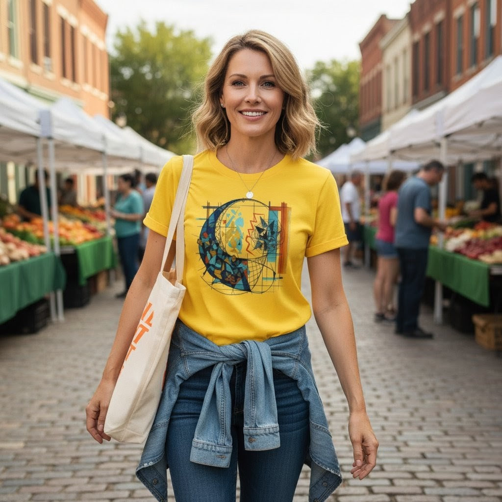 Woman in a yellow t-shirt with a graphic design at an outdoor market.