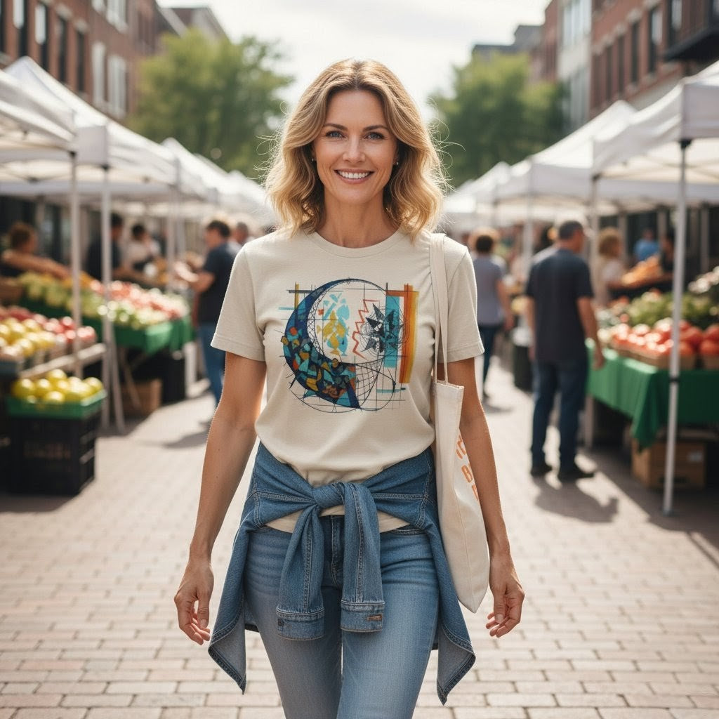 Woman walking through an outdoor market wearing a graphic t-shirt and jeans.