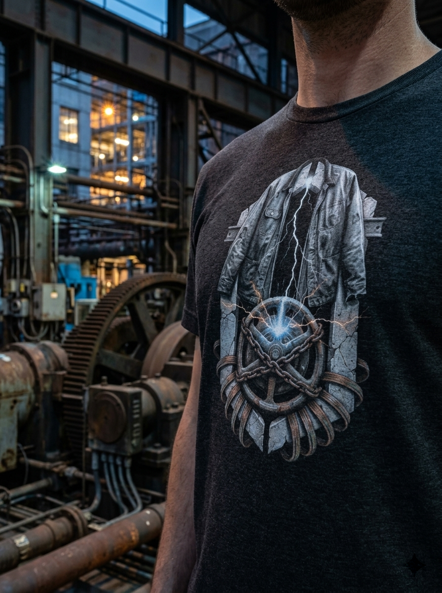 Mid-range outdoor lookbook photograph of a model wearing the dark grey heather version of the graphic t-shirt. The shot captures the model from the waist up inside a desaturated, brutalist concrete alleyway, highlighting how the technical graphic layout interfaces with real-world environments.