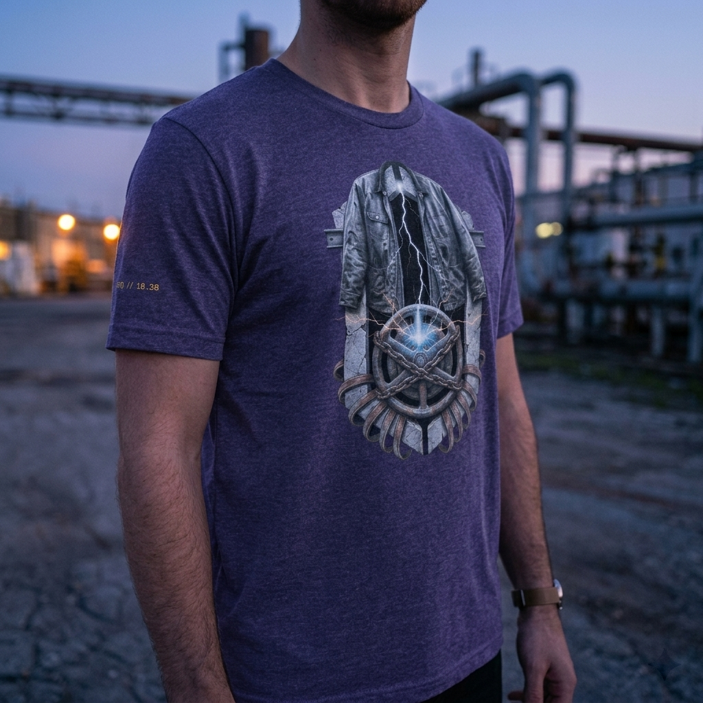 Outdoor lookbook photograph of a model wearing the Heather Midnight Navy variant of the industrial graphic tee. The model is positioned in a narrow, grit-textured concrete corridor flanked by weathered industrial walls and overhead utility infrastructure under natural daylight.
