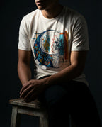 Model wearing a Vintage White Separation Tee with geometric fish-like forms, dark fragments, a net-like grid and a red dividing line printed on the front.