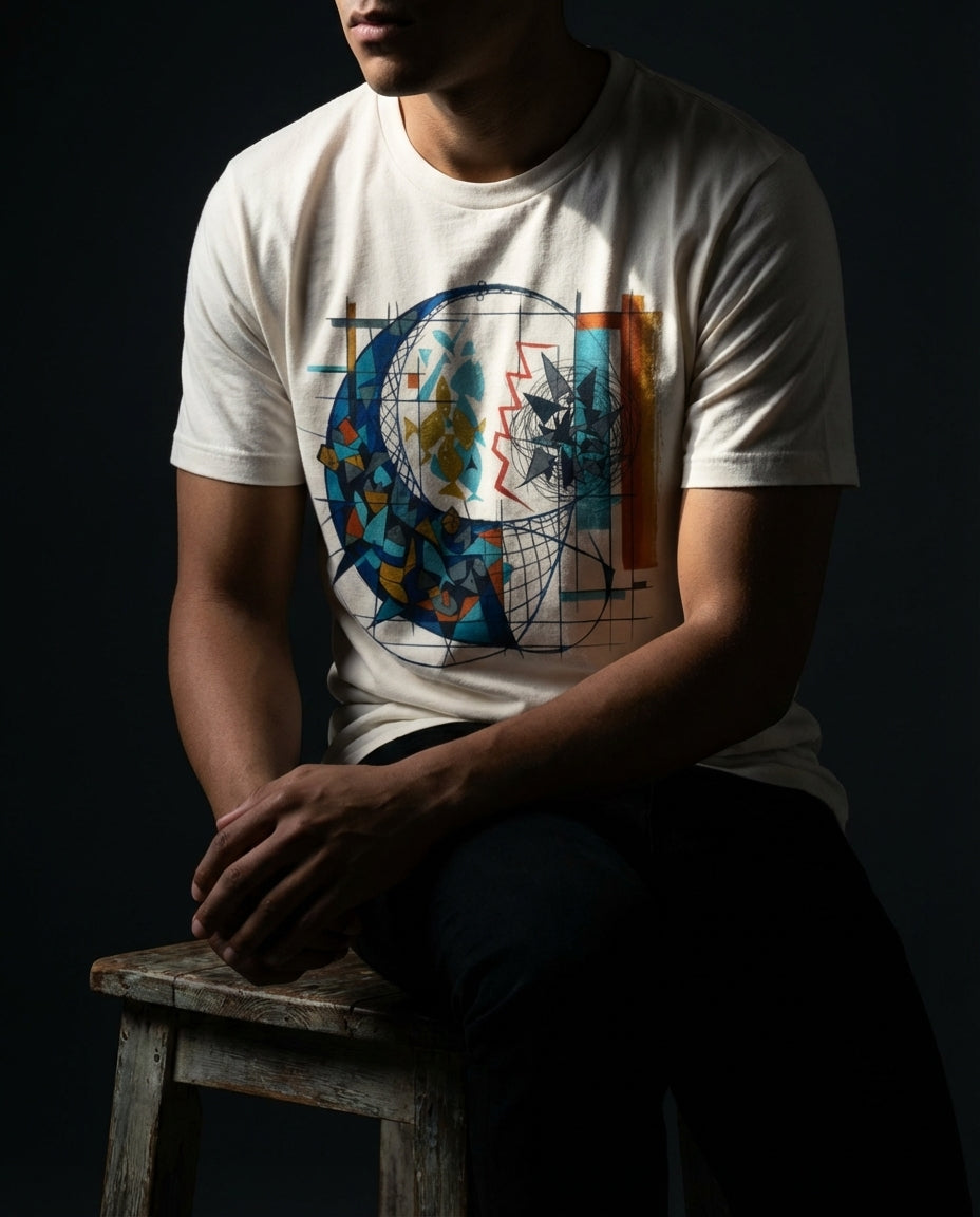 Person wearing a white t-shirt with a colorful graphic design, sitting on a wooden stool against a dark background.
