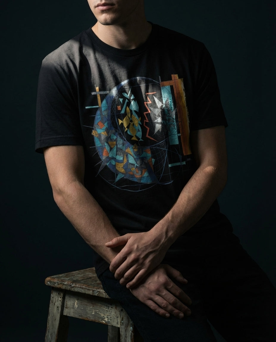 Person wearing a black t-shirt with a colorful graphic design, sitting on a wooden stool against a dark background.