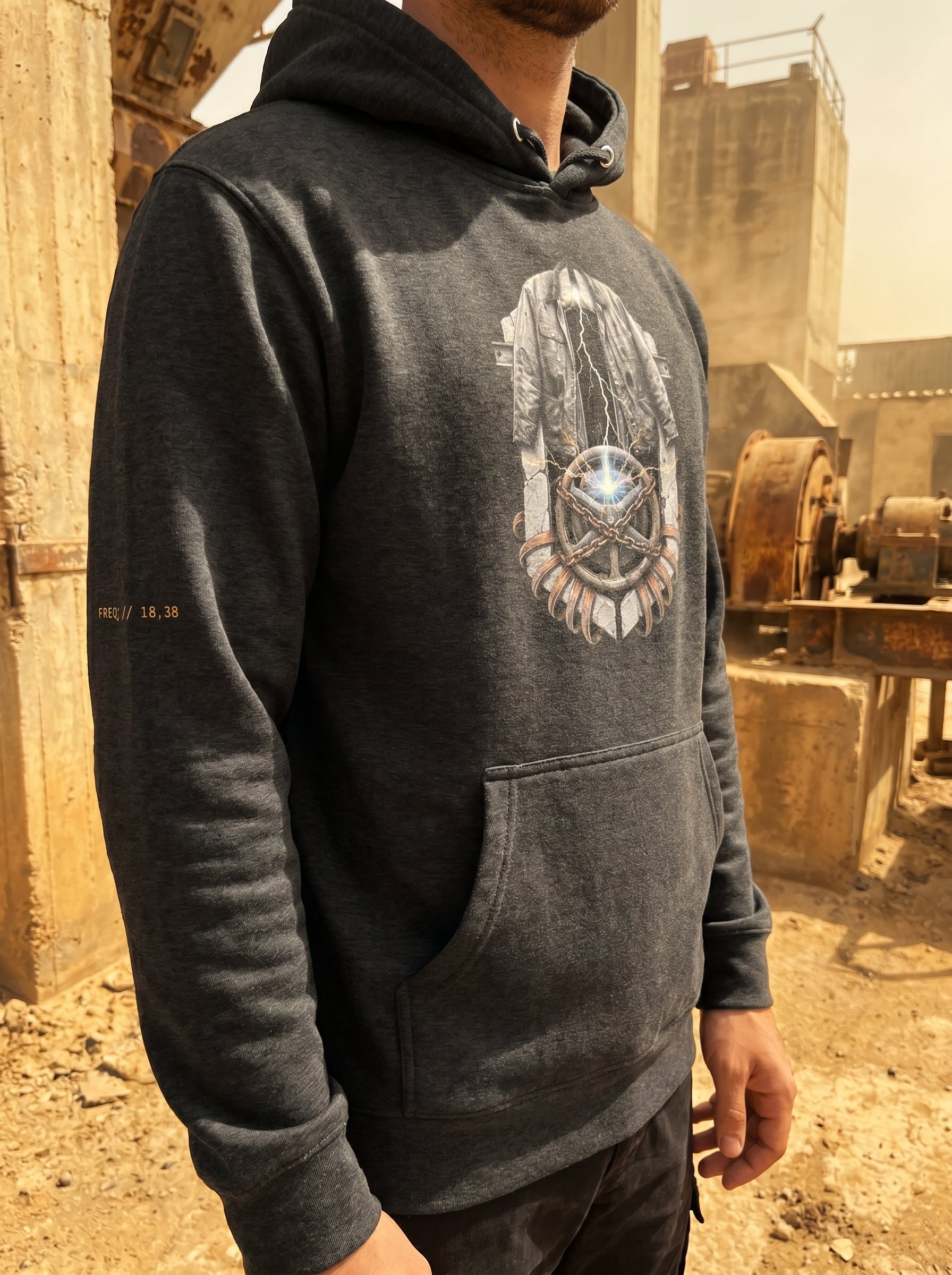 Angled side view of a model wearing the Black Transmission: Ignition // FREQ 18.38 hoodie, demonstrating the fabric structure and fit in an industrial concrete environment.