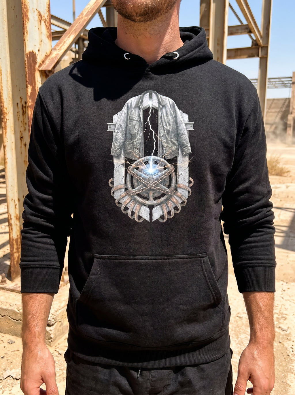 Model wearing the Selah Supply Co. Black Transmission: Ignition // FREQ 18.38 streetwear hoodie, showcasing the detailed industrial brutalist front graphic print.