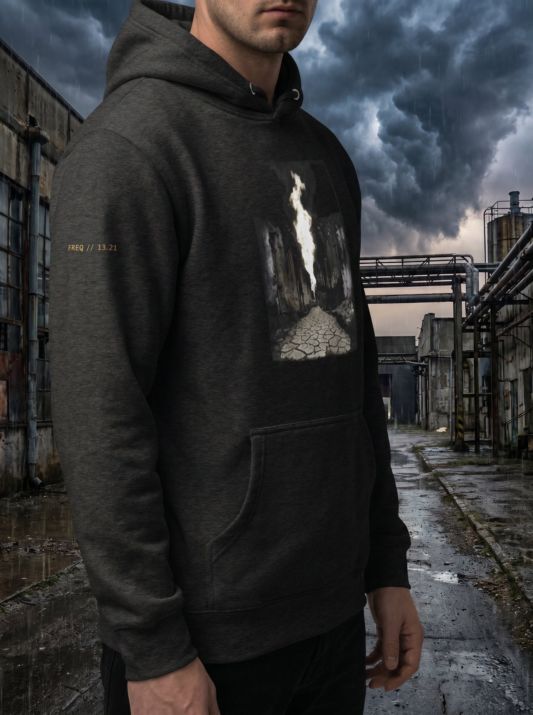 Side and back view of a model wearing the Charcoal Heather Transmission: Pillar hoodie, highlighting the 3-panel hood fit and fabric structure against an industrial wall.