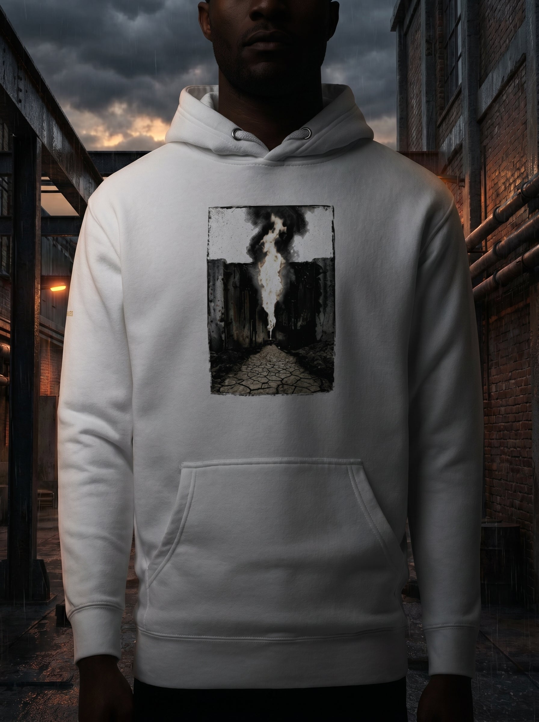 Model wearing the Selah Supply Co. White Transmission: Pillar graphic hoodie, showcasing the industrial brutalism art print against a concrete backdrop.
