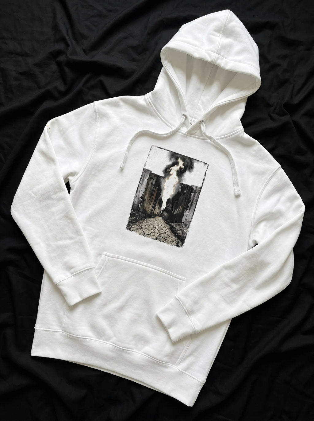 Front view of the Selah Supply Co. White Transmission: Pillar hoodie, displaying the high-definition vertical Smog Beacon graphic print design.