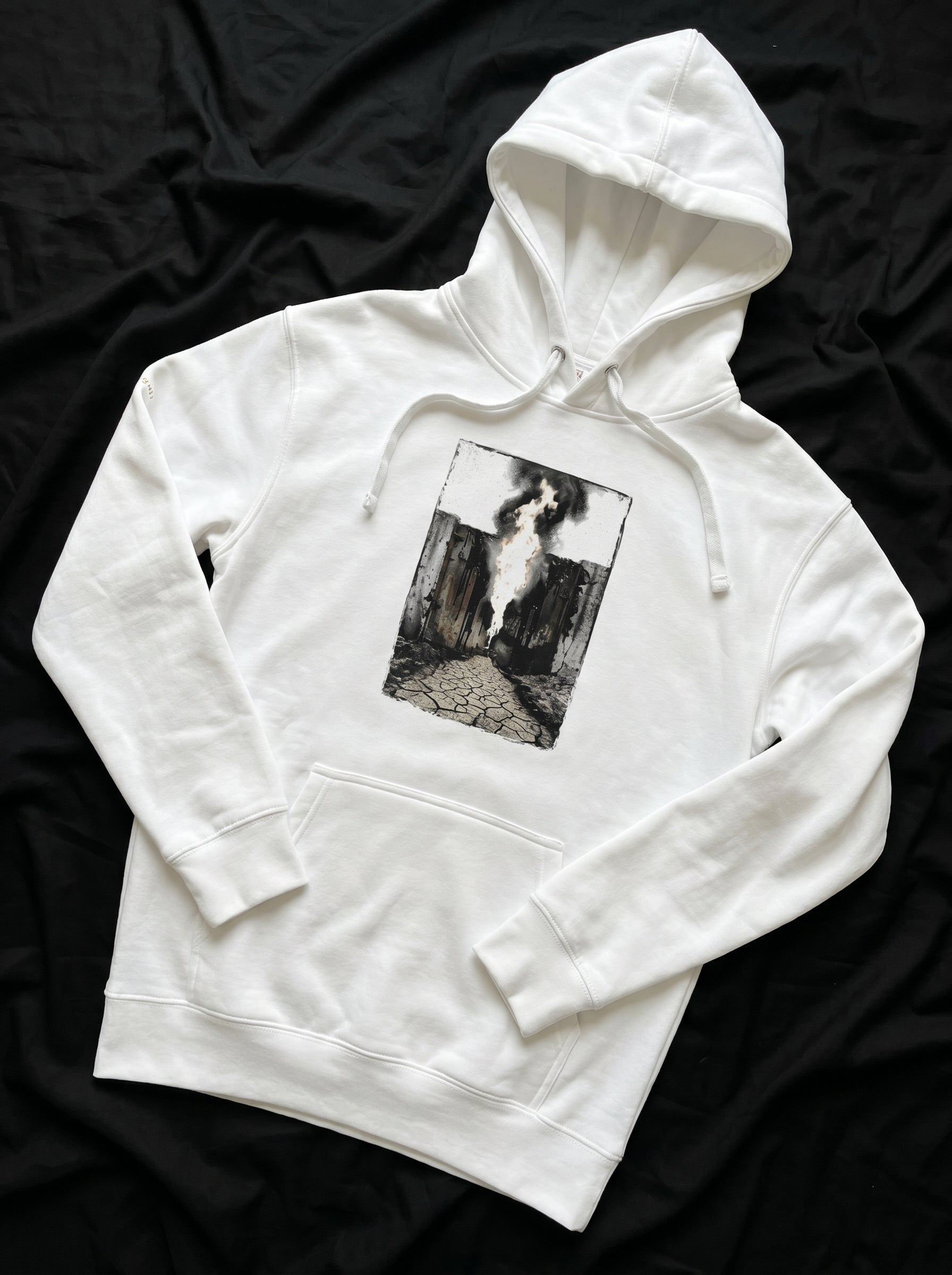 Front view of the Selah Supply Co. White Transmission: Pillar hoodie, displaying the high-definition vertical Smog Beacon graphic print design.