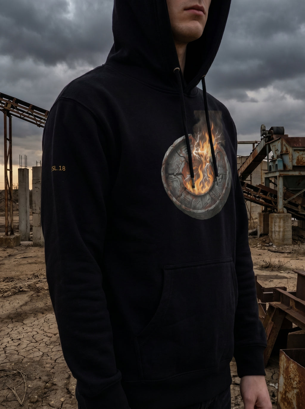 Model wearing the Selah Supply Co. Black Transmission: Firewall Falls // FREQ: 01.10 streetwear hoodie, showcasing the industrial brutalist circular graphic artwork against a rusty steel infrastructure background.