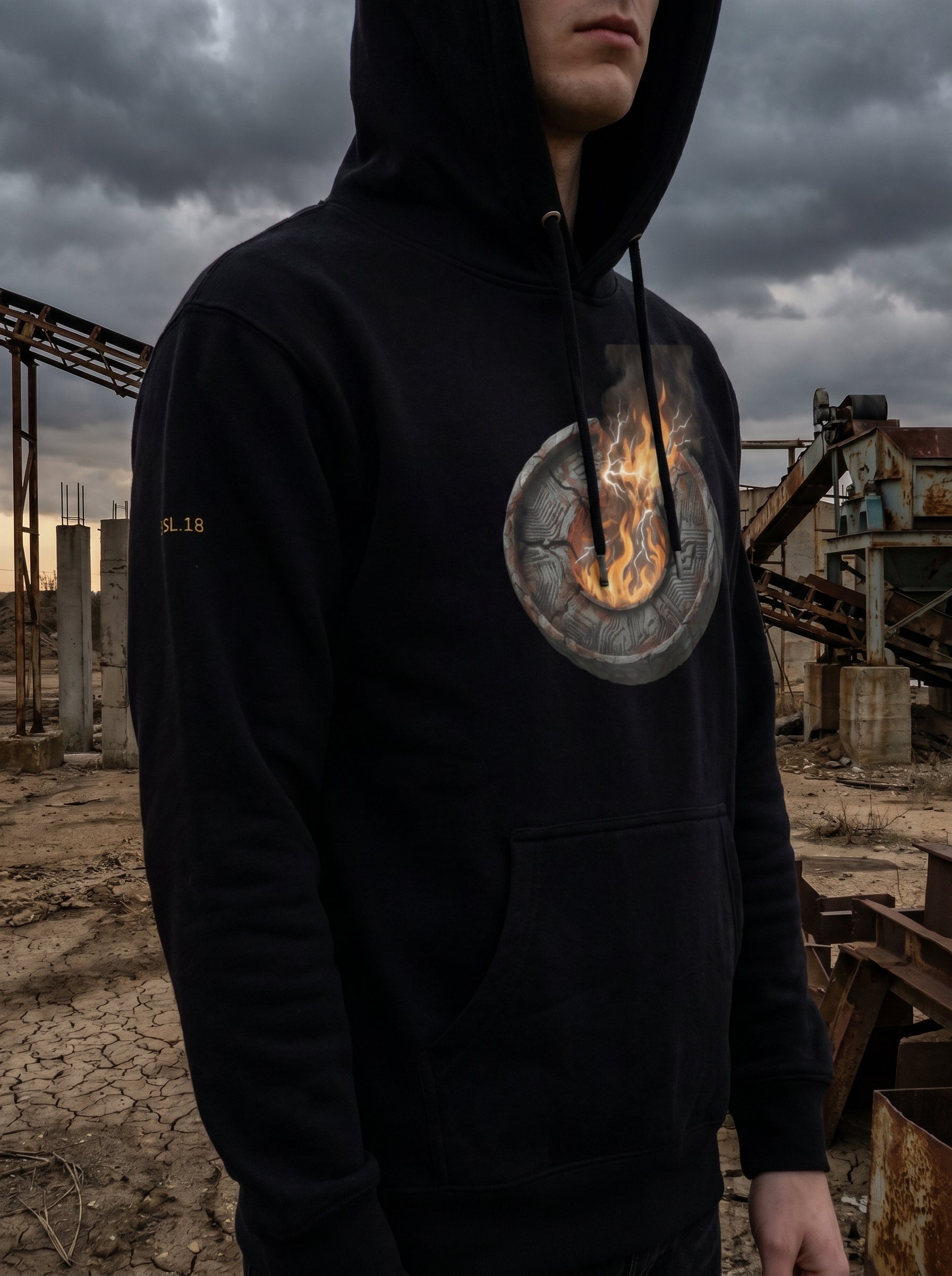 Model wearing the Selah Supply Co. Black Transmission: Firewall Falls // FREQ: 01.10 streetwear hoodie, showcasing the industrial brutalist circular graphic artwork against a rusty steel infrastructure background.