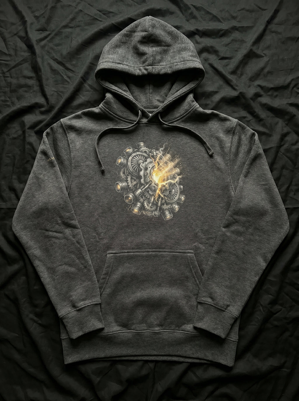 Product display of the Selah Supply Co. Charcoal Heather Transmission: Chariot hoodie, highlighting the premium heavy fabric texture and structural brutalist architectural artwork.