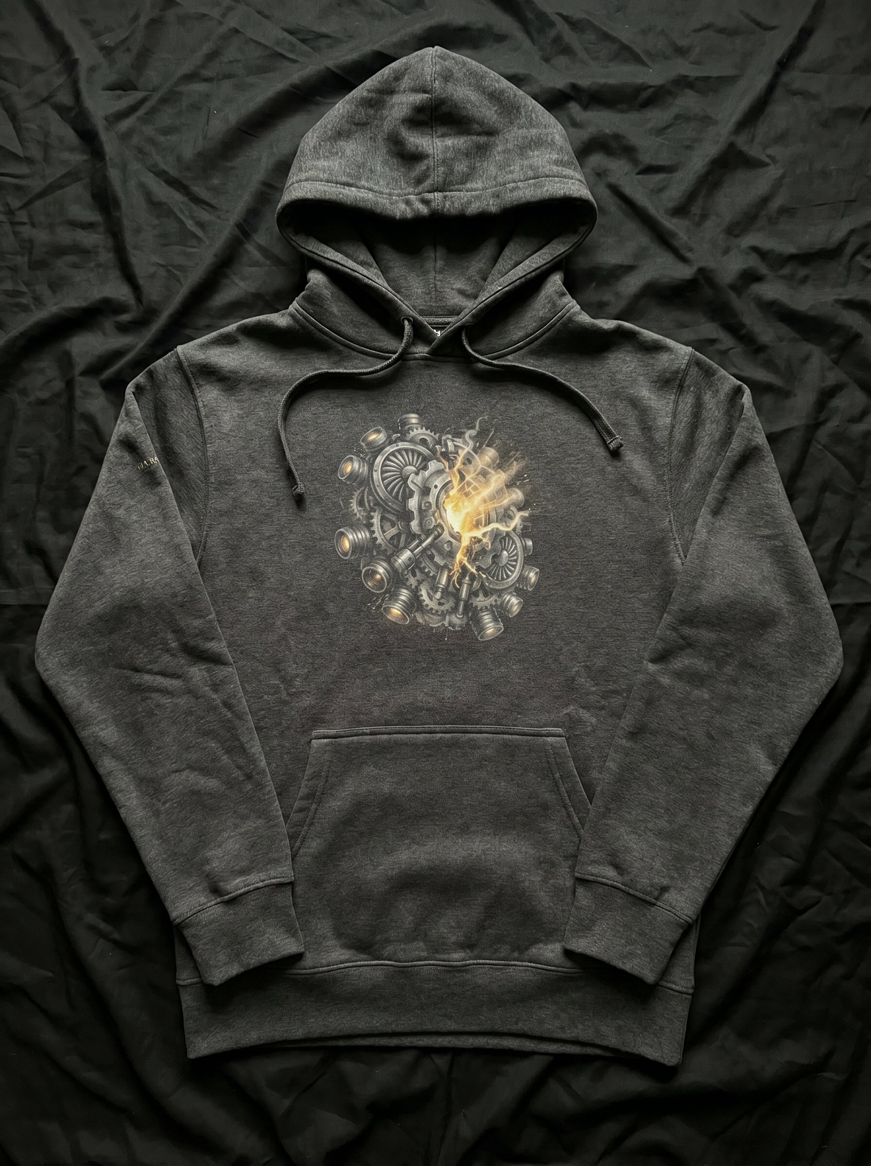 Product display of the Selah Supply Co. Charcoal Heather Transmission: Chariot hoodie, highlighting the premium heavy fabric texture and structural brutalist architectural artwork.
