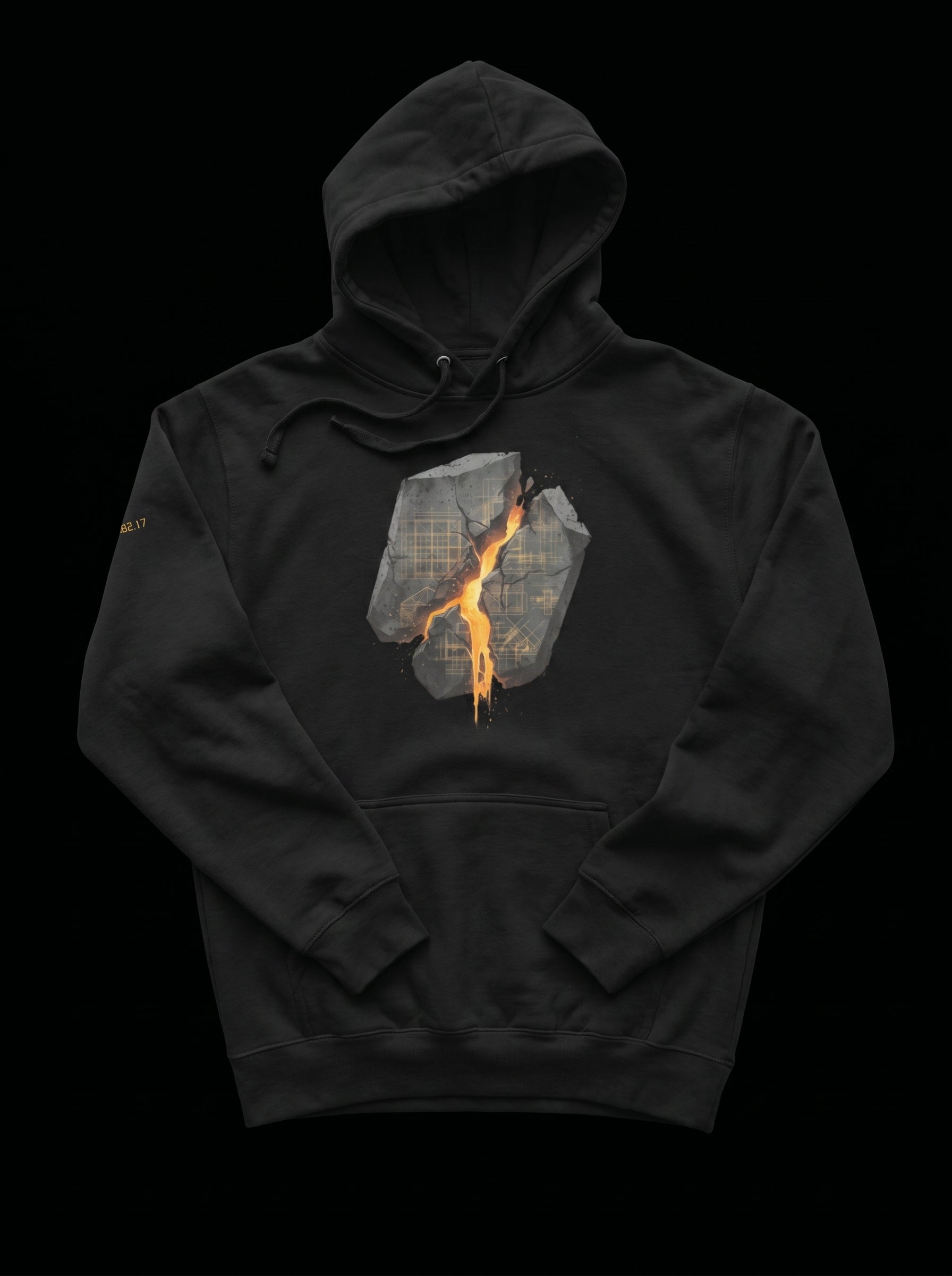 Front flat view of the Selah Supply Co. Black Transmission: Breach hoodie, displaying the high-definition jagged fracture artwork and high-contrast schematic design.